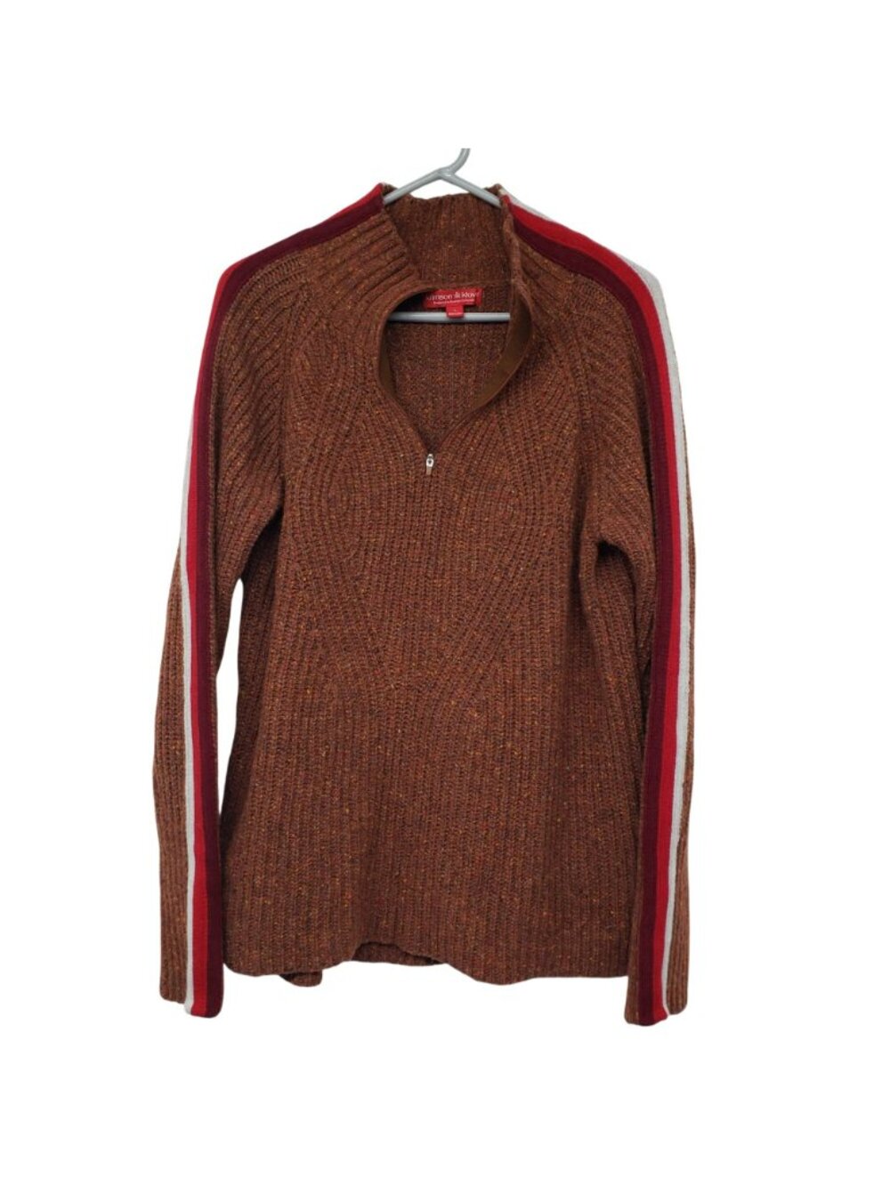 Krimson Klover Brown Cable Knit Sweater Stripe Sleeve Thumbholes Half Zip L - Picture 2 of 13